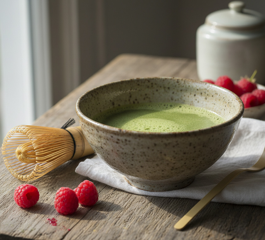 Naturalnie aromatyzowana malinowa matcha Leo Tea w opakowaniu metalowym i doypack
